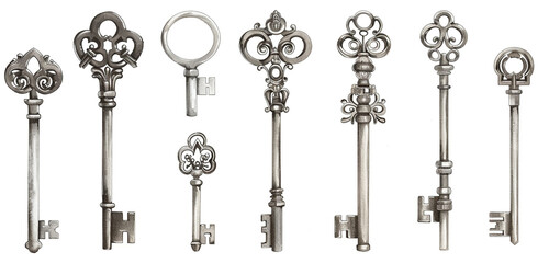 A collection of vintage keys, each uniquely detailed in graphite and silver inks, elegantly depicted, isolated on white background