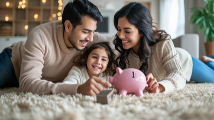 Happy family consisting of a mother, father, and young daughter lying on a rug at home, smiling at each other with a piggy bank in the foreground.