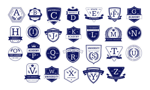 Education monogram. Alphabetical elegant academic crests, letter badge template for university, college or academy team isolated vector set