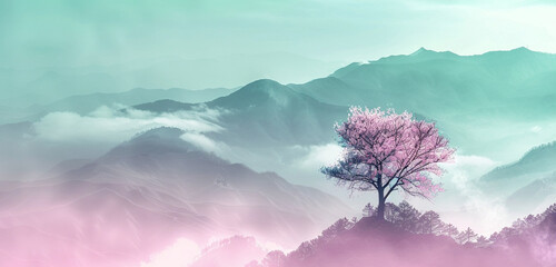 A delicate cherry blossom tree overlaid on a misty mountain range to create a double exposure effect, under a lavender and mint green sky - Powered by Adobe