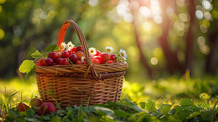 A wicker basket brimming with an assortment of colorful fresh fruits and vibrant flowers, set in a sunlit garden.