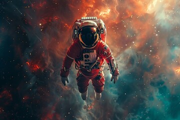 This detailed artistic rendering captures an astronaut clad in a bold red space suit, floating gracefully against the backdrop of space, perfectly embodying the essence of weightlessness and the seren - obrazy, fototapety, plakaty
