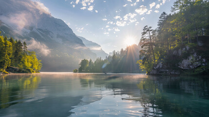 Early morning mist over a serene lake surrounded by mountains with sunlight piercing through the trees. - obrazy, fototapety, plakaty