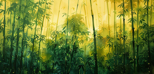 A dense bamboo forest, with stalks painted in varying shades of green and yellow, creating a...