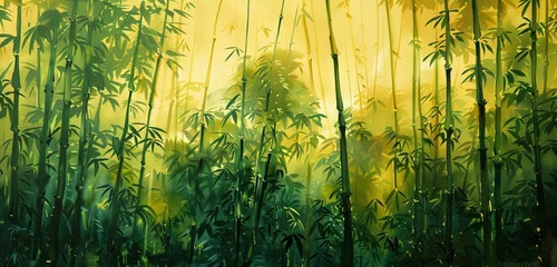 Gordijnen A dense bamboo forest, with stalks painted in varying shades of green and yellow, creating a peaceful, monochromatic scene © Alisha