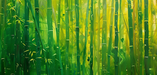 A dense bamboo forest, with stalks painted in varying shades of green and yellow, creating a...