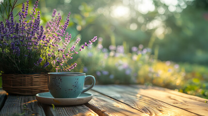 A tranquil morning scene with a cup of coffee and fresh lavender on a rustic table amidst garden...