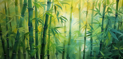 A dense bamboo forest, with stalks painted in varying shades of green and yellow, creating a peaceful, monochromatic scene