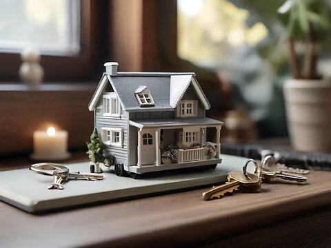 A miniature model of a cozy tiny house with a set of silver keys placed beside it symbolizes the concept of purchasing a small home or property in the real estate market.