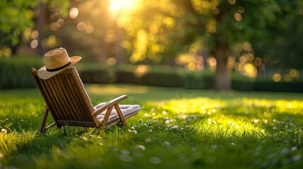 A wooden chair sits invitingly in a lush backyard garden, bathed in the warm glow of sunset. - obrazy, fototapety, plakaty