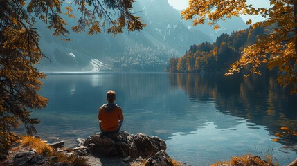 A person in a red jacket meditates on a rock by a calm, reflective mountain lake surrounded by autumn foliage.
