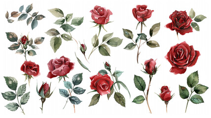 Set watercolor elements of roses collection garden red burgundy flowers leaves branches flat handdrawn illustration isolated on white background