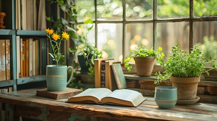 An open book next to a steaming cup of coffee on a wooden table, set against the backdrop of a vibrant garden full of greenery.