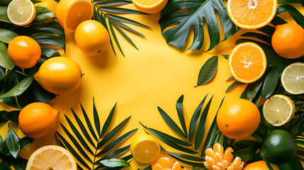 Summer composition.palm leaves citrus fruit, generative ai