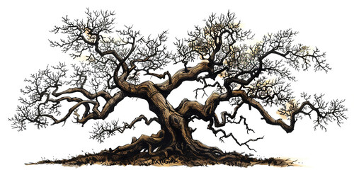 A detailed ink sketch of an ancient oak tree, its gnarled branches sprawling, in shades of umber and black, isolated on white background - obrazy, fototapety, plakaty