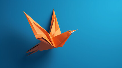 Fototapeta premium orange origami bird flying on a blue background сreated with Generative Ai