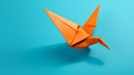 orange origami bird flying on a blue background сreated with Generative Ai