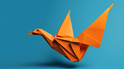 orange origami bird flying on a blue background сreated with Generative Ai - obrazy, fototapety, plakaty