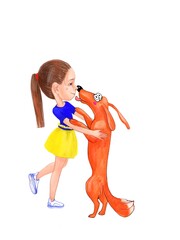 Little girl hugging her beloved dog, pet, digital drawing, postcard design