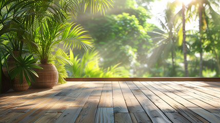 summer delight wooden balcony patio deck with sunlight and coconut tree panorama view house interior mock up design background.  generative ai - obrazy, fototapety, plakaty