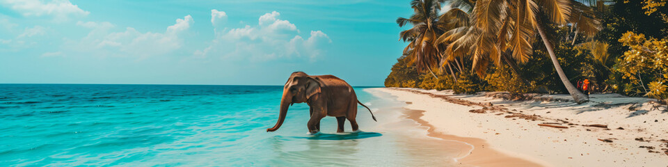 Bathing Indian elephant on sunny tropical beach. Baby elephant walking on the coast. Wildlife nature. Exotic travel, tourism, summer vacation concept - Powered by Adobe