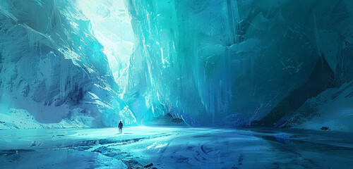 A divine light in cool mint, casting ethereal shadows on the icy expanse of a silent glacier