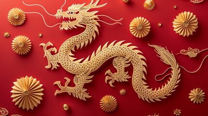 Fototapeta premium Chinese dragon art with gold coins around