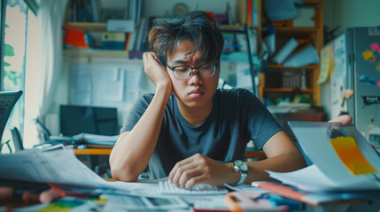 Financial concept, owe asian young man sitting suffer, stressed and confused by calculate expense from invoice credit card bill, no money to pay mortgage or loan. Debt, bankrupt or bankrupt people