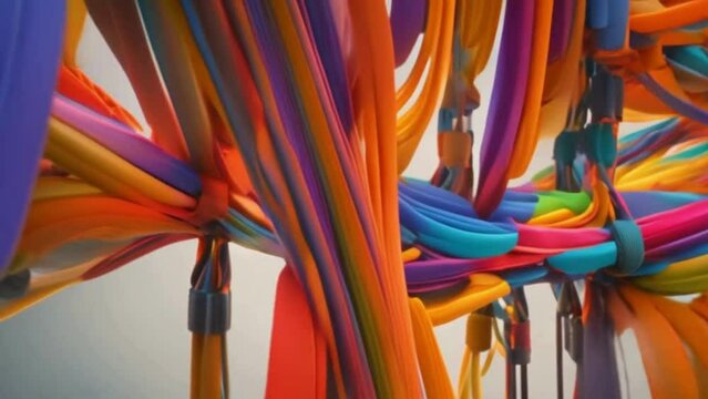 close up of colorful wires and ropes intertwined, an abstract representation of human connection, with intertwining lines and vibrant colors symbolizing relationships and unity