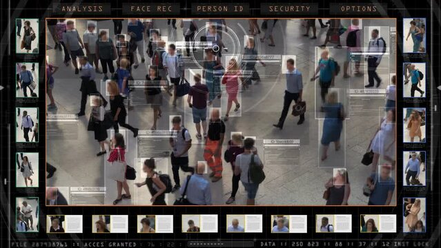 Surveillance System in Airport or Train Station, Showing Fake Data of Commuters Walking. Suspect Found. Facial Recognition. Artificial intelligence. Deep learning.
