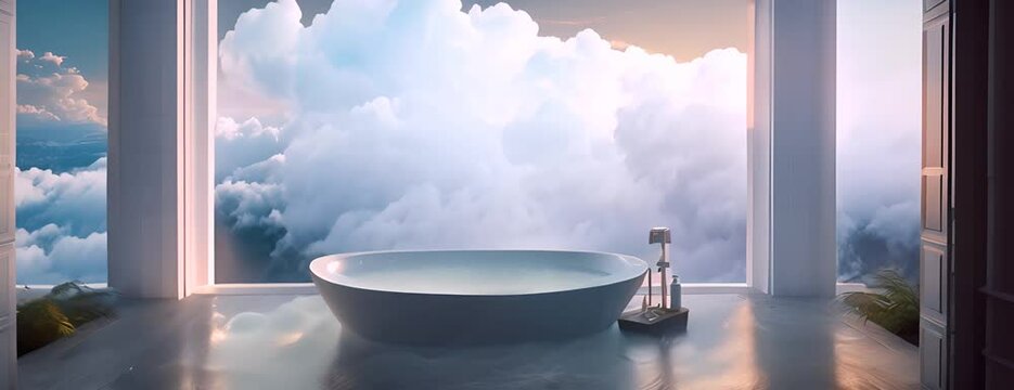 A dreamy landscape of an indoor bathroom with a wall of sky and clouds framing the breathtaking view of the ocean and mountains from the bathtub 4K Video