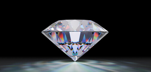 Transparent diamond on black background. Expensive refractive crystal. 3D rendering.