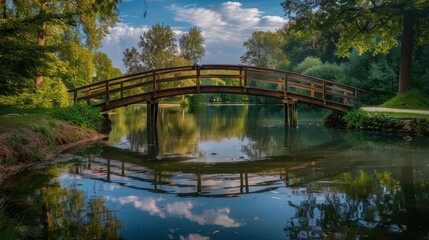 Fototapeta na wymiar Empty bridge spans across a tranquil lake, a picturesque scene of stillness and solitude. 