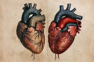 This comparative illustration vividly contrasts a healthy heart with one affected by cardiovascular disease, showcasing conditions like blocked arteries and damaged valves - obrazy, fototapety, plakaty