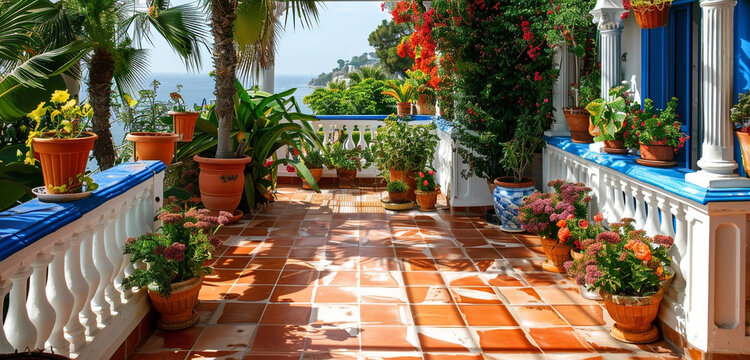 A Mediterranean terrace, with warm terracotta tiles, bright blue and white painted railings, and an abundance of lush green potted plants