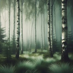 forêt de bouleau brumeuse - obrazy, fototapety, plakaty