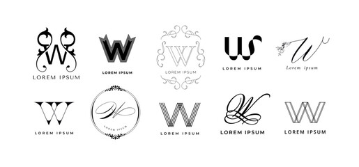 Creative W emblem. Letter w monogram for wedding invitation, wealth and wine branding template vector icon set - obrazy, fototapety, plakaty