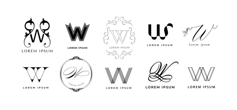 Creative W emblem. Letter w monogram for wedding invitation, wealth and wine branding template vector icon set