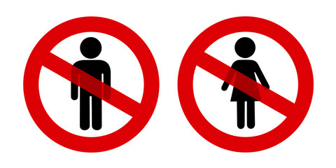 Exclusion based on gender and sex. Male, man or woman and female being eliminated, discriminated and unwanted. Interdiction, ban and prohibition sign and symbol. Vector illustartion isolated on white.
