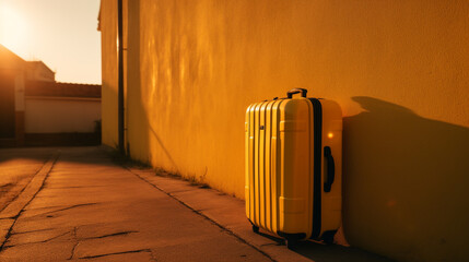 yellow suitcase against a yellow wall at sunset сreated with Generative Ai