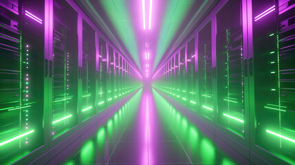 Corridor in a working data center full of rack servers.