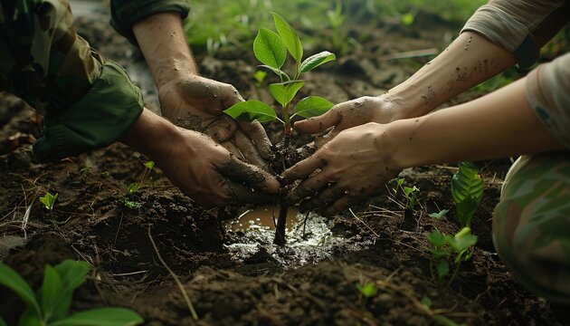 Closeup of hands planting a young tree , save world concept. ai generative