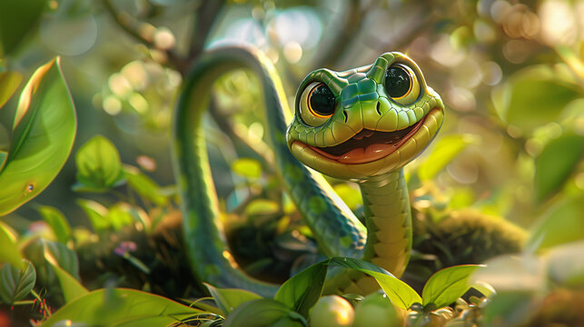 3d Cute Cartoon Snake in the Woods