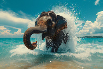 Baby elephant bathing in the river or ocean. Wildlife nature. Young elephant having fun in water. Exotic travel, tourism, summer vacation concept. World elephant day, save animals - obrazy, fototapety, plakaty
