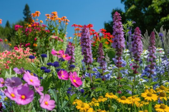 Colorful flowers in full bloom under a clear blue summer sky.