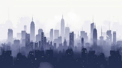 Misty blue urban skyline illustration - A serene cityscape in shades of blue, depicting skyscrapers engulfed in a misty atmosphere, evokes tranquility in an urban setting