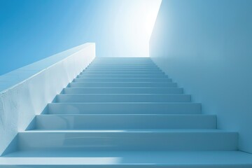 Minimalist white staircase against blue sky - A clean, minimalist image of a white staircase ascending against a clear blue sky, depicting hope and ascent