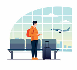 waiting at airport flat character illustration