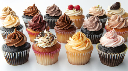 A delectable assortment of mini cupcakes, with a variety of frostings and toppings, arranged in a neat row on a white background to showcase the creativity and indulgence of bite-sized desserts