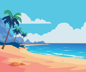Fototapeta na wymiar flat beach with palm trees landscape illustration 